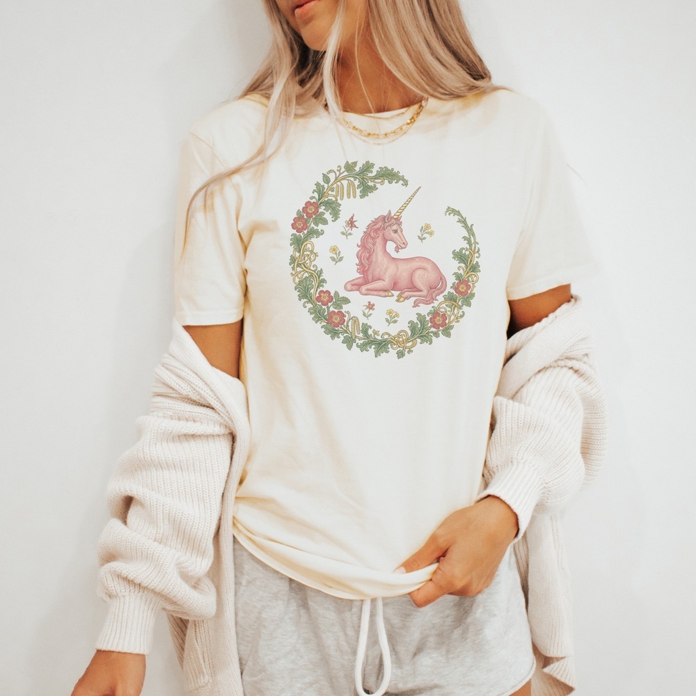 Unicorn Resting Within a Gold Knotwork Wreath Tee
